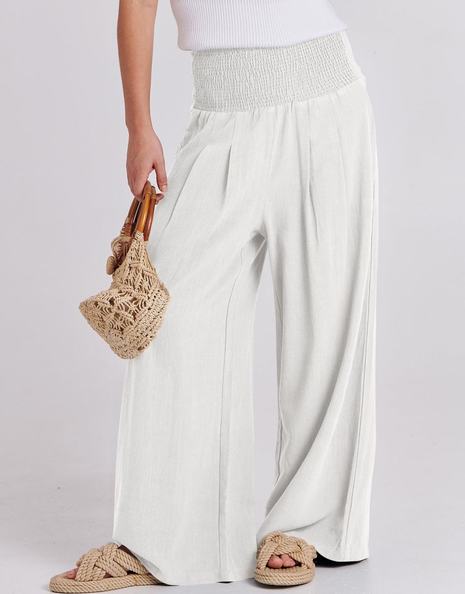 ANRABESS Women Linen Palazzo Pants Summer Boho Wide Leg High Waist Casual Lounge Pant Trousers with Pocket