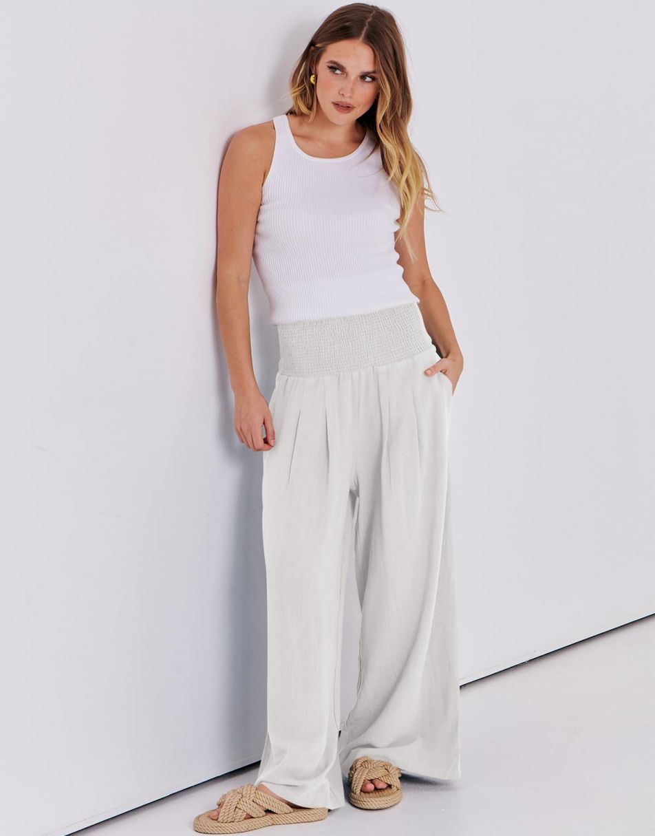 ANRABESS Women Linen Palazzo Pants Summer Boho Wide Leg High Waist Casual Lounge Pant Trousers with Pocket