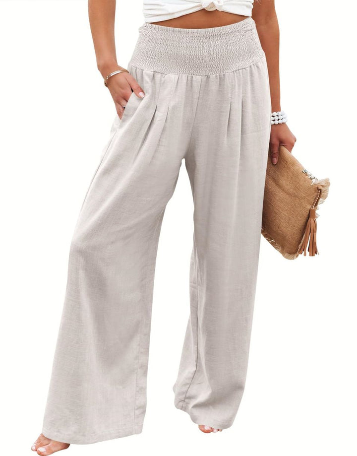 ANRABESS Women Linen Palazzo Pants Summer Boho Wide Leg High Waist Casual Lounge Pant Trousers with Pocket