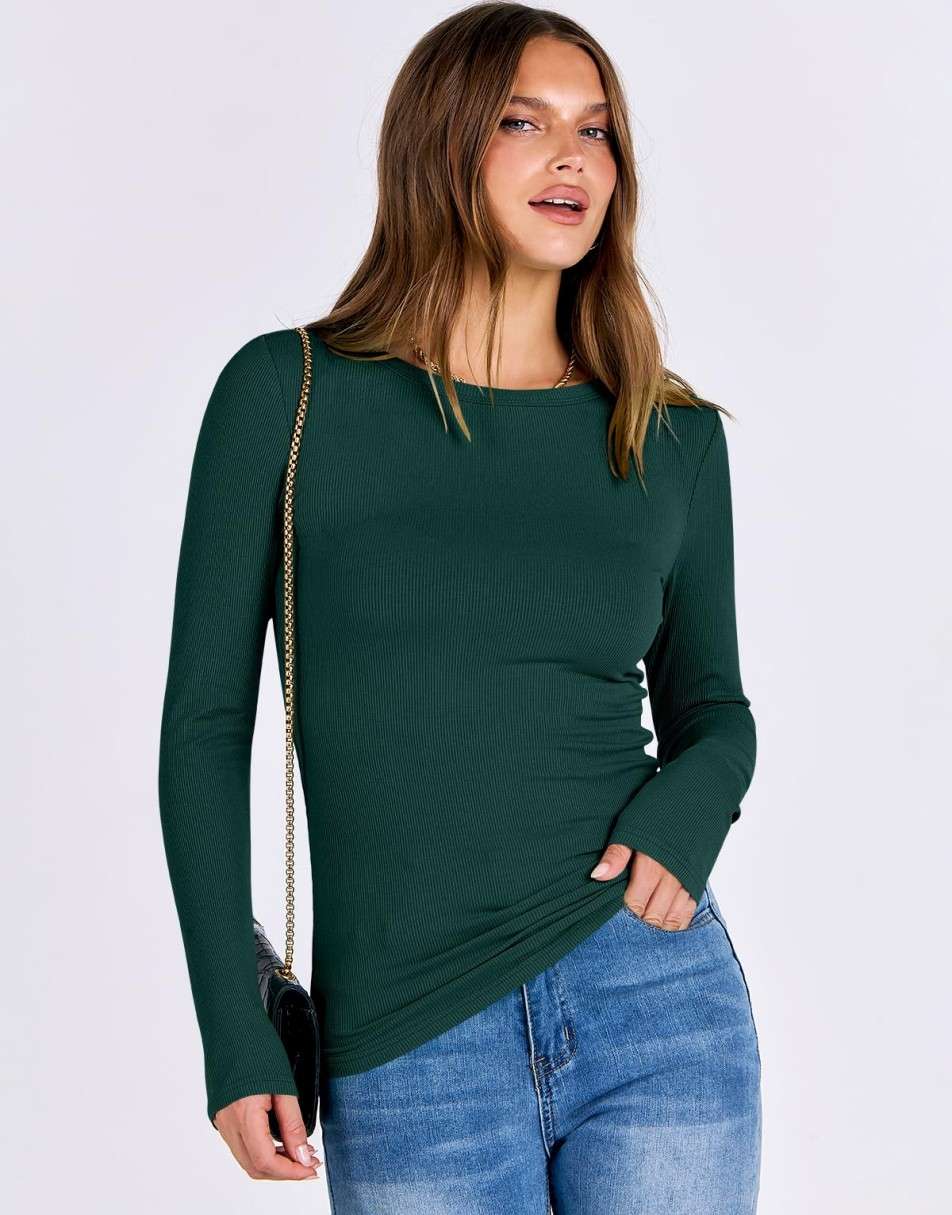 ANRABESS Women Long Sleeve Crewneck Rib Knit Slim Fit Shirts Basic Tee Tops 2024 Casual T-Shirt Going Out Workout Outfits