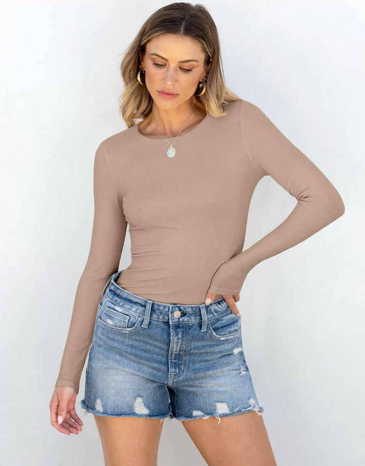 ANRABESS Women Long Sleeve Crewneck Rib Knit Slim Fit Shirts Basic Tee Tops 2024 Casual T-Shirt Going Out Workout Outfits