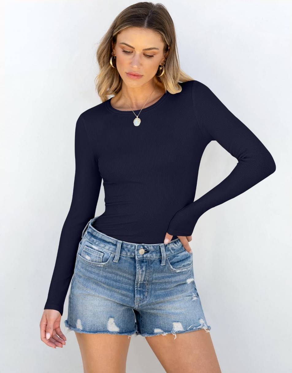 ANRABESS Women Long Sleeve Crewneck Rib Knit Slim Fit Shirts Basic Tee Tops 2024 Casual T-Shirt Going Out Workout Outfits