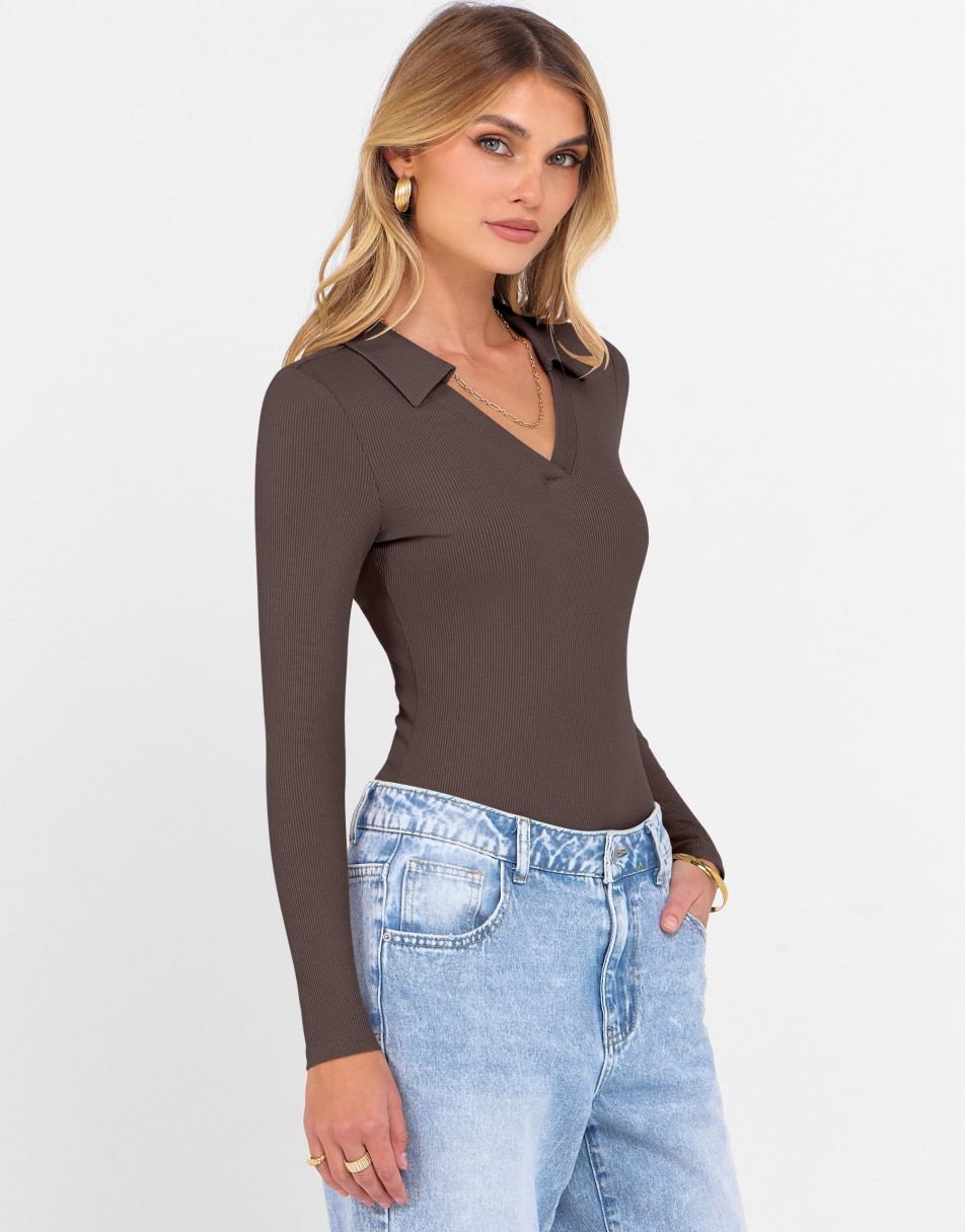 ANRABESS Women Long Sleeve Polo Shirts V Neck Slim Rib Knit Collared Dressy Business Casual Top 2025 Basic Tee Fall Outfits