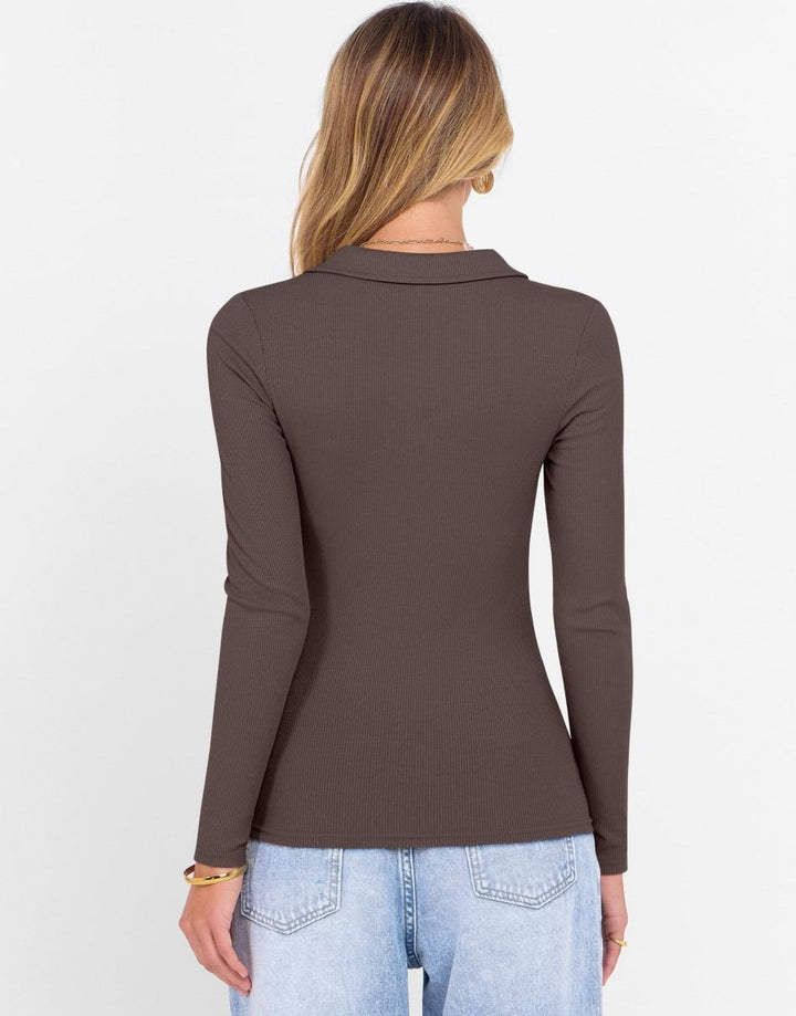 ANRABESS Women Long Sleeve Polo Shirts V Neck Slim Rib Knit Collared Dressy Business Casual Top 2025 Basic Tee Fall Outfits
