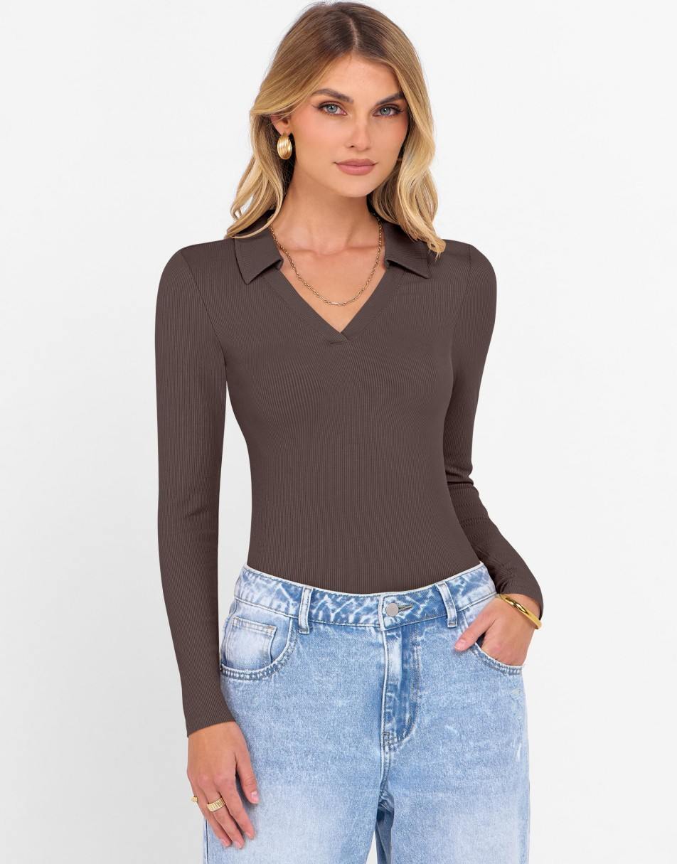 ANRABESS Women Long Sleeve Polo Shirts V Neck Slim Rib Knit Collared Dressy Business Casual Top 2025 Basic Tee Fall Outfits
