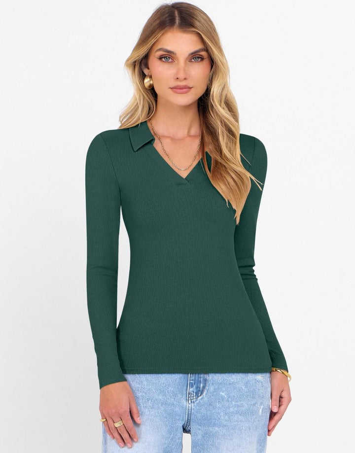 ANRABESS Women Long Sleeve Polo Shirts V Neck Slim Rib Knit Collared Dressy Business Casual Top 2025 Basic Tee Fall Outfits
