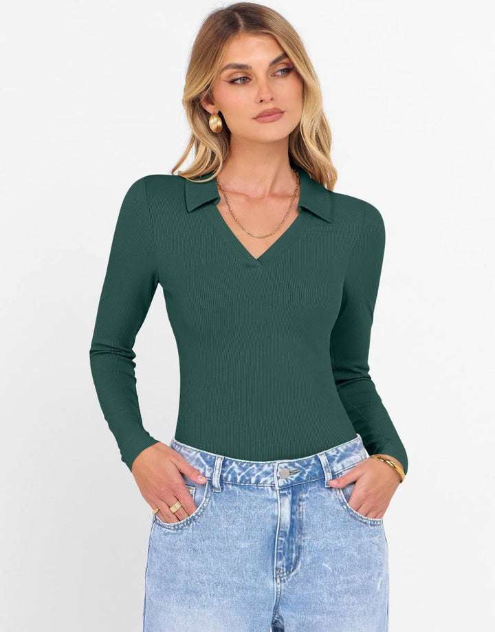 ANRABESS Women Long Sleeve Polo Shirts V Neck Slim Rib Knit Collared Dressy Business Casual Top 2025 Basic Tee Fall Outfits