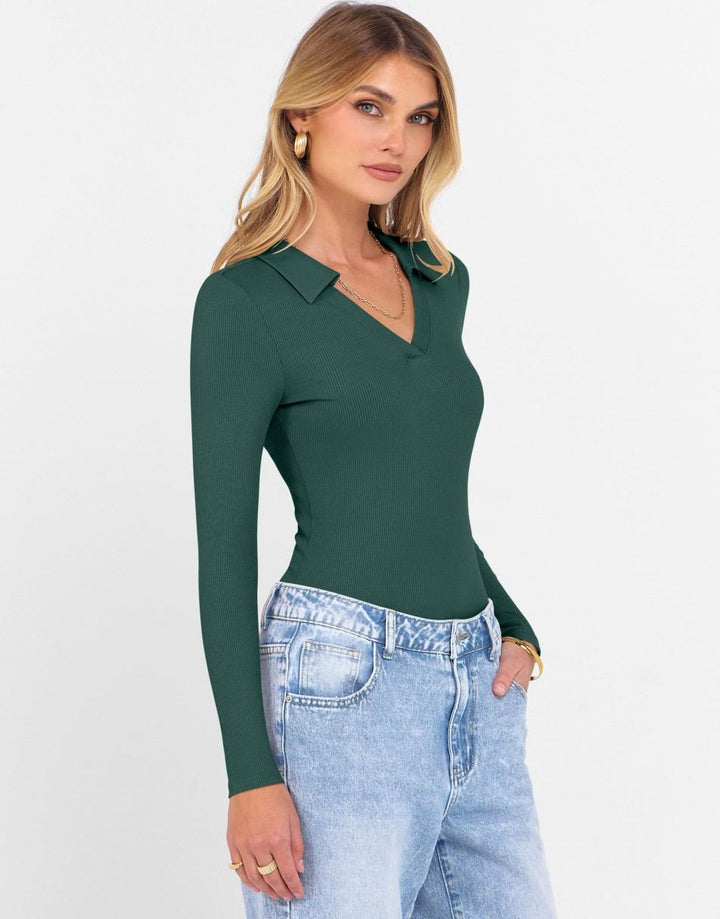 ANRABESS Women Long Sleeve Polo Shirts V Neck Slim Rib Knit Collared Dressy Business Casual Top 2025 Basic Tee Fall Outfits