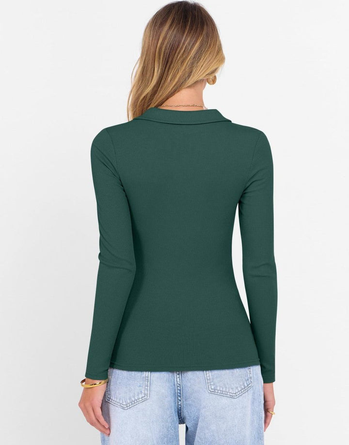 ANRABESS Women Long Sleeve Polo Shirts V Neck Slim Rib Knit Collared Dressy Business Casual Top 2025 Basic Tee Fall Outfits