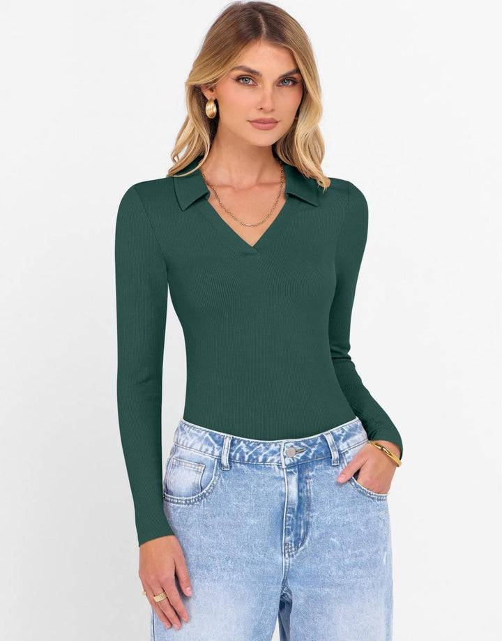 ANRABESS Women Long Sleeve Polo Shirts V Neck Slim Rib Knit Collared Dressy Business Casual Top 2025 Basic Tee Fall Outfits
