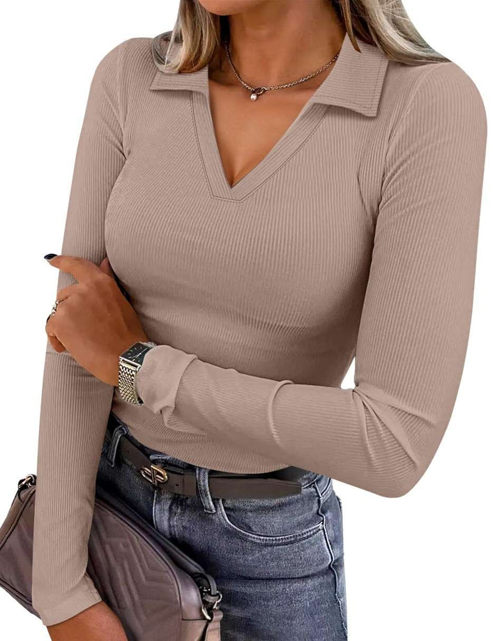ANRABESS Women Long Sleeve Polo Shirts V Neck Slim Rib Knit Collared Dressy Business Casual Top 2025 Basic Tee Fall Outfits
