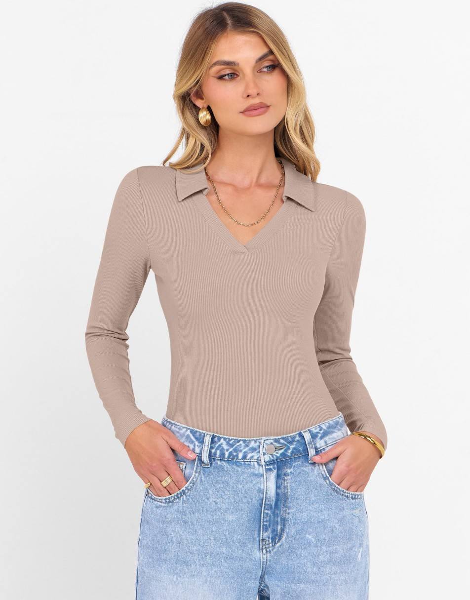 ANRABESS Women Long Sleeve Polo Shirts V Neck Slim Rib Knit Collared Dressy Business Casual Top 2025 Basic Tee Fall Outfits
