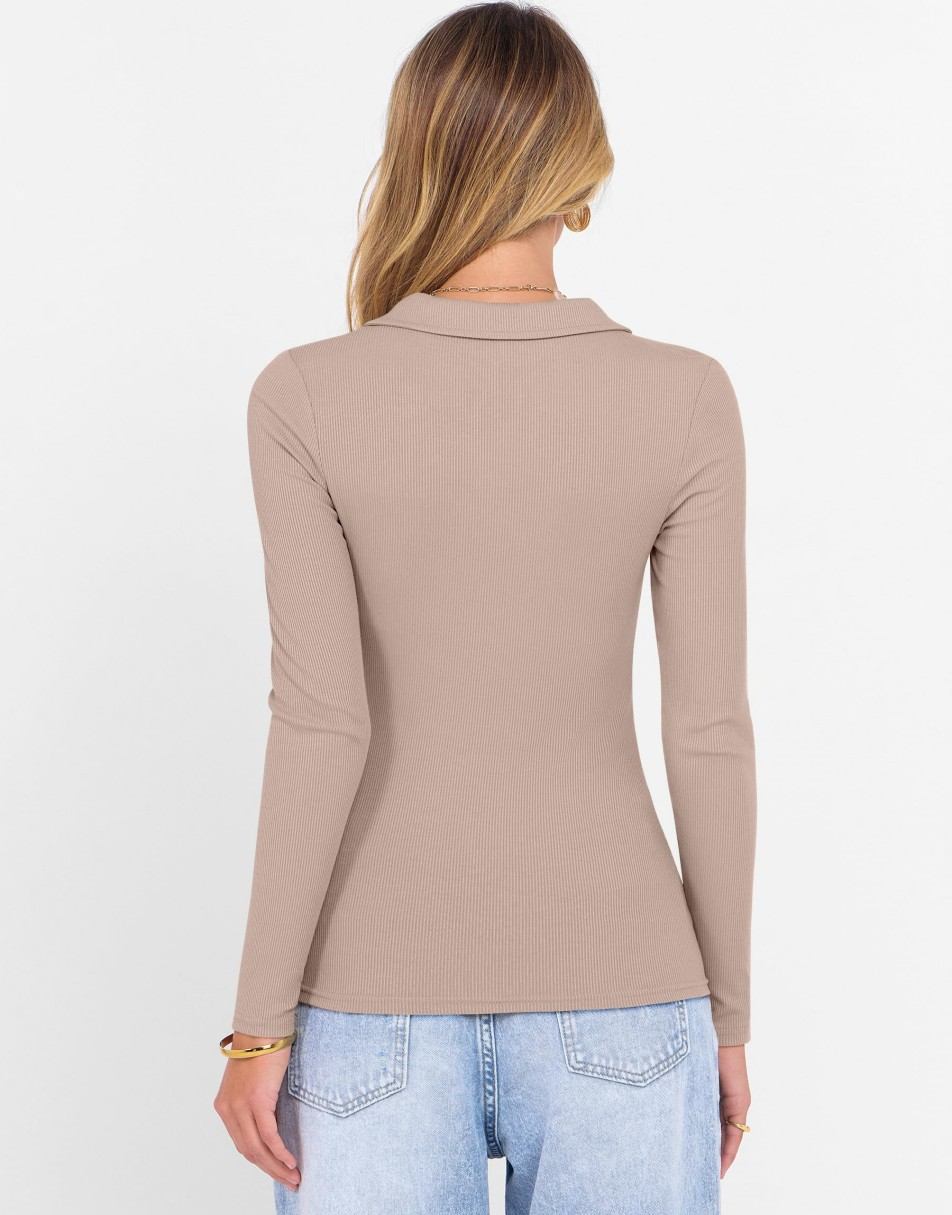 ANRABESS Women Long Sleeve Polo Shirts V Neck Slim Rib Knit Collared Dressy Business Casual Top 2025 Basic Tee Fall Outfits
