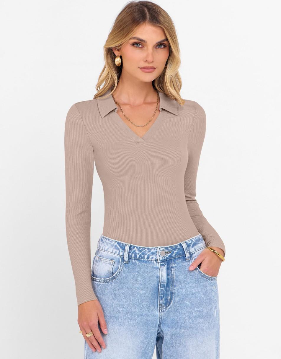 ANRABESS Women Long Sleeve Polo Shirts V Neck Slim Rib Knit Collared Dressy Business Casual Top 2025 Basic Tee Fall Outfits