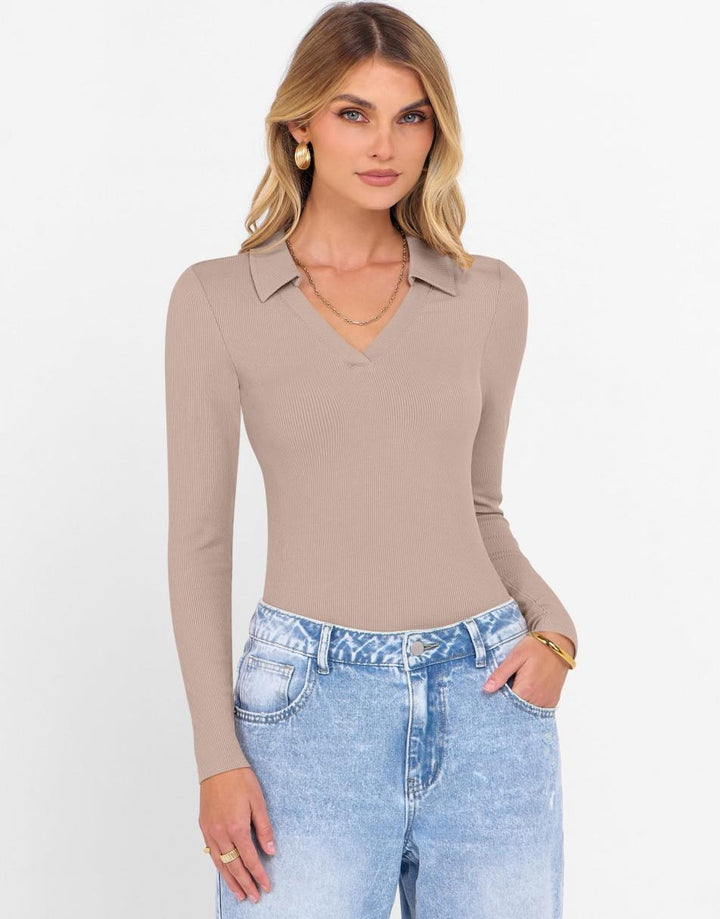 ANRABESS Women Long Sleeve Polo Shirts V Neck Slim Rib Knit Collared Dressy Business Casual Top 2025 Basic Tee Fall Outfits