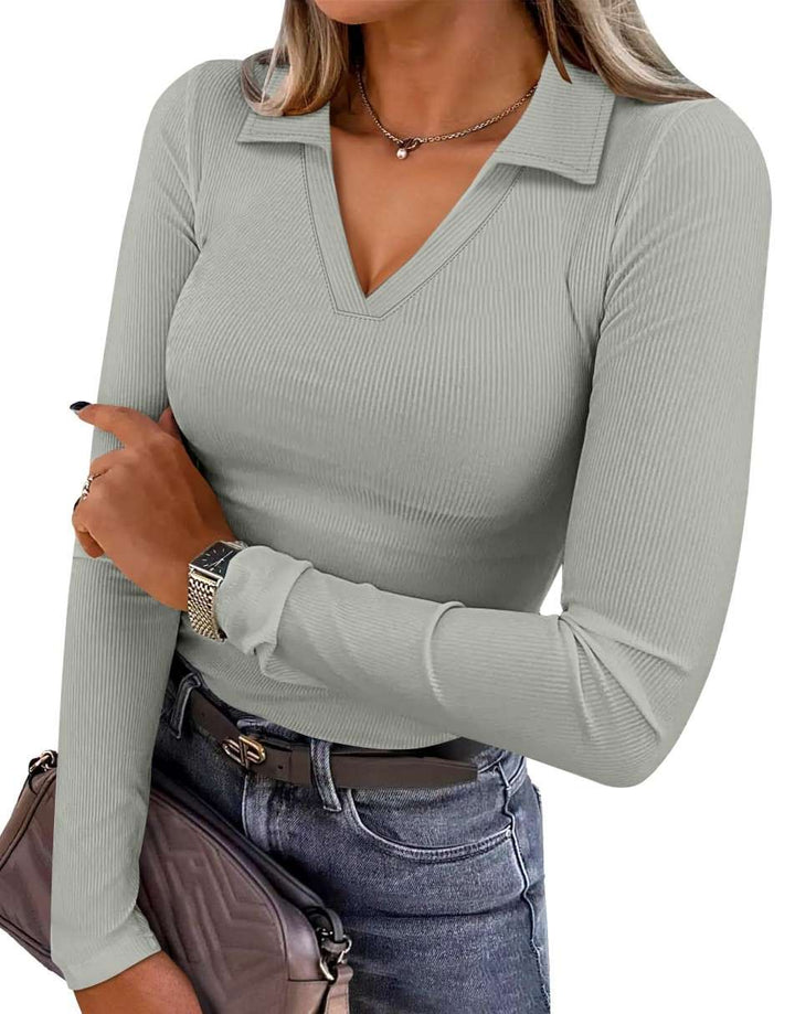 ANRABESS Women Long Sleeve Polo Shirts V Neck Slim Rib Knit Collared Dressy Business Casual Top 2025 Basic Tee Fall Outfits