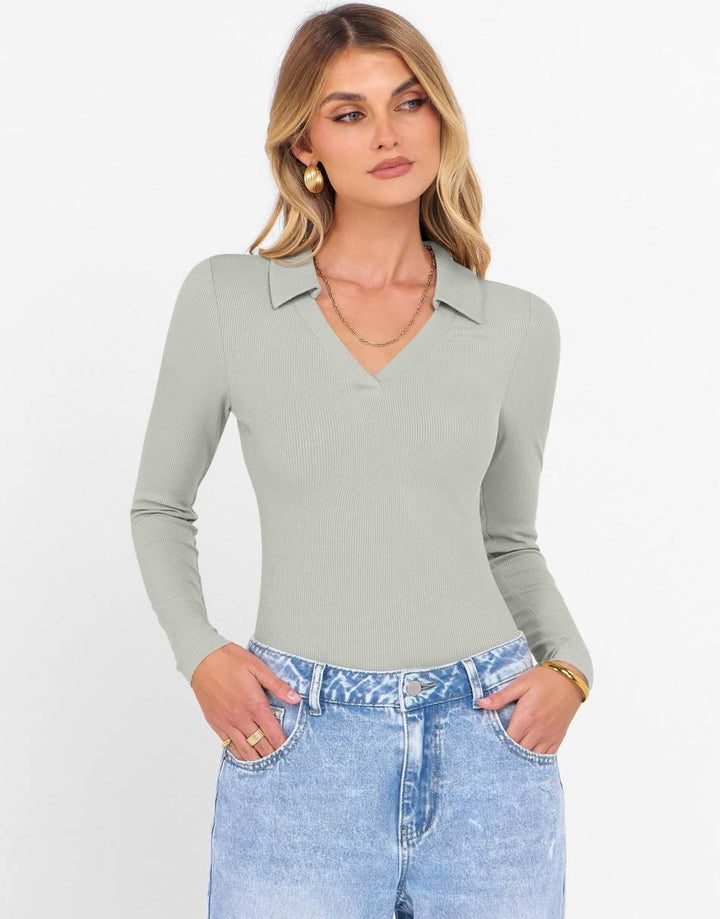 ANRABESS Women Long Sleeve Polo Shirts V Neck Slim Rib Knit Collared Dressy Business Casual Top 2025 Basic Tee Fall Outfits