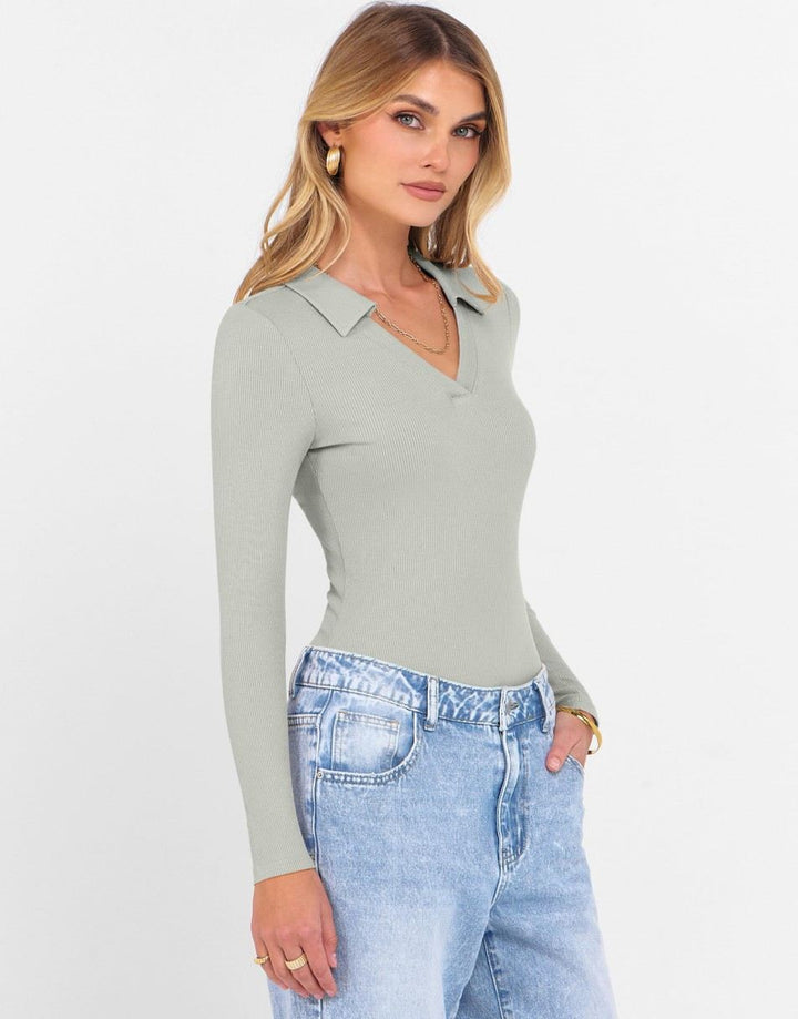 ANRABESS Women Long Sleeve Polo Shirts V Neck Slim Rib Knit Collared Dressy Business Casual Top 2025 Basic Tee Fall Outfits