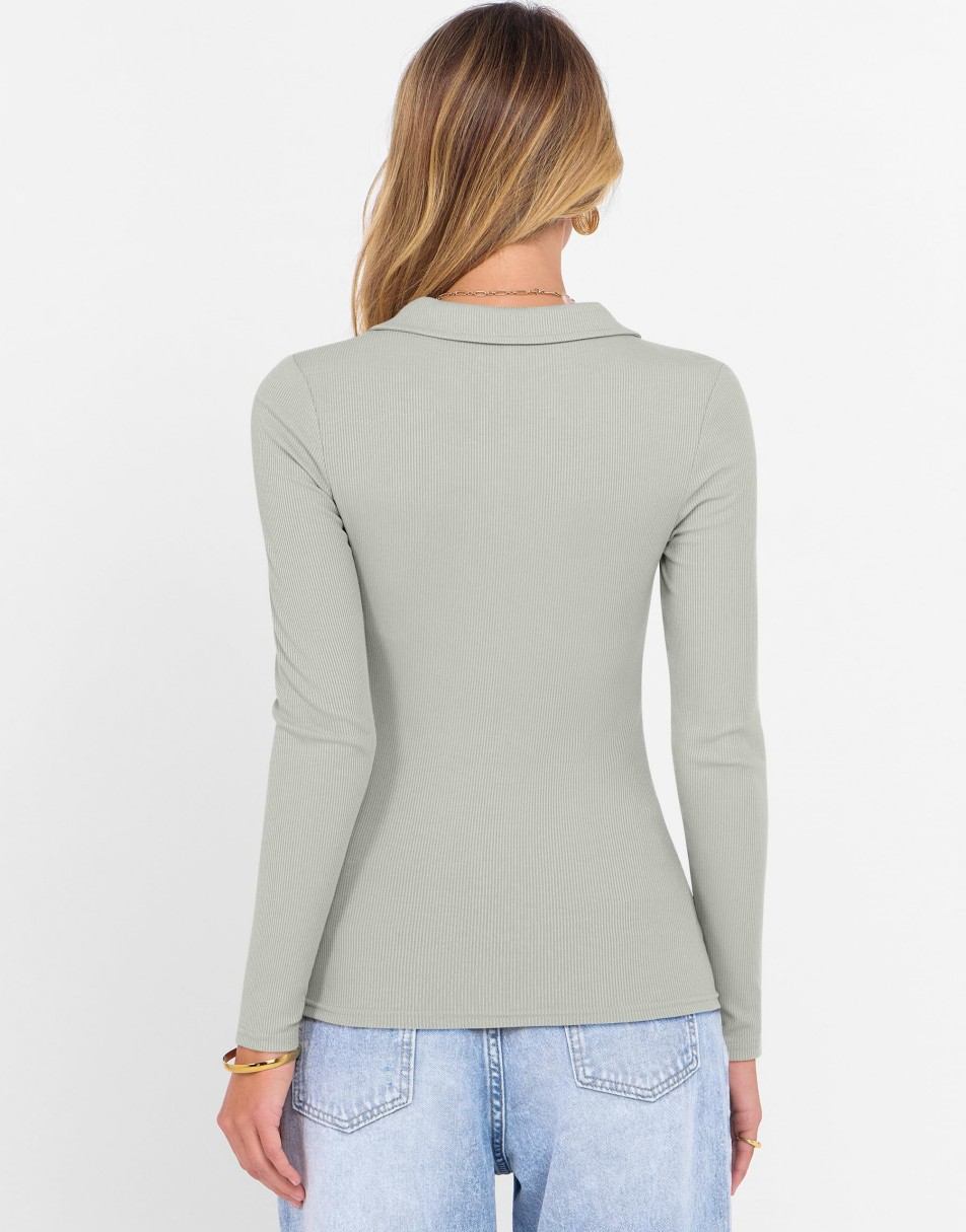 ANRABESS Women Long Sleeve Polo Shirts V Neck Slim Rib Knit Collared Dressy Business Casual Top 2025 Basic Tee Fall Outfits