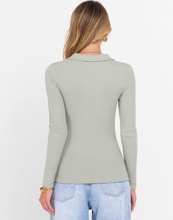 ANRABESS Women Long Sleeve Polo Shirts V Neck Slim Rib Knit Collared Dressy Business Casual Top 2025 Basic Tee Fall Outfits
