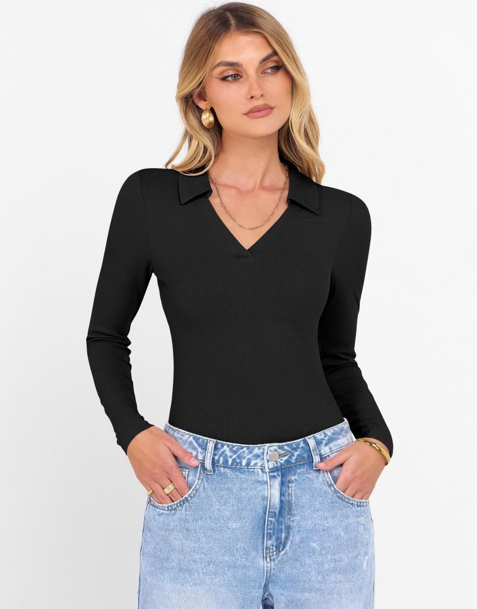 ANRABESS Women Long Sleeve Polo Shirts V Neck Slim Rib Knit Collared Dressy Business Casual Top 2025 Basic Tee Fall Outfits
