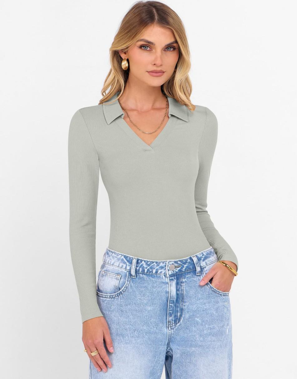 ANRABESS Women Long Sleeve Polo Shirts V Neck Slim Rib Knit Collared Dressy Business Casual Top 2025 Basic Tee Fall Outfits