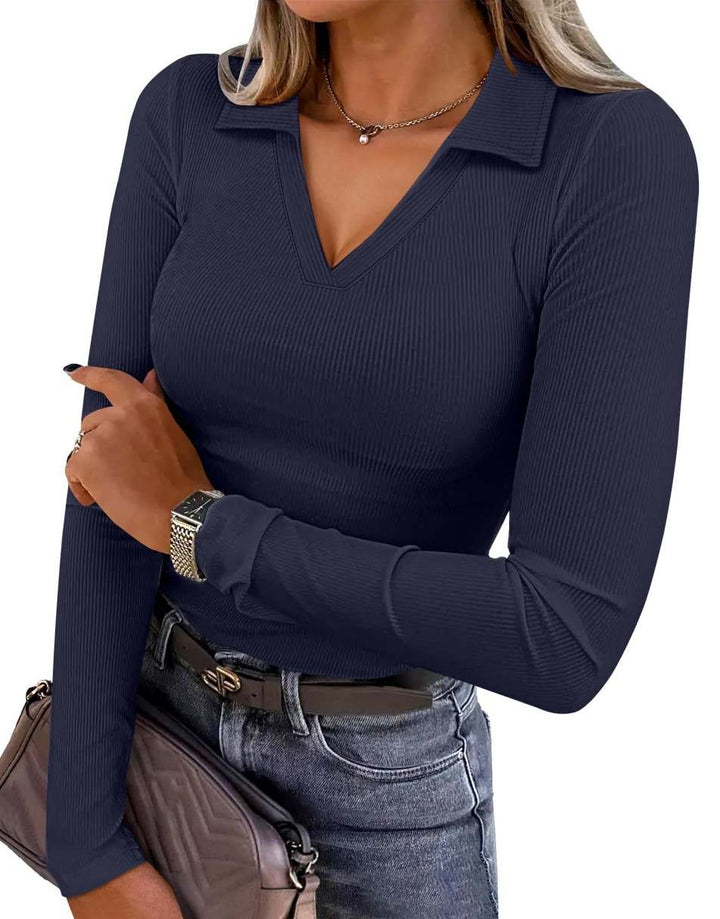ANRABESS Women Long Sleeve Polo Shirts V Neck Slim Rib Knit Collared Dressy Business Casual Top 2025 Basic Tee Fall Outfits