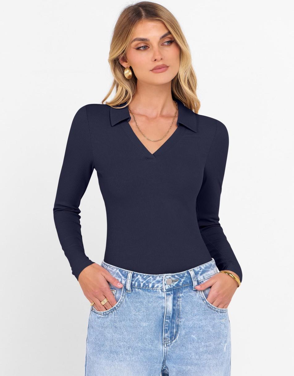 ANRABESS Women Long Sleeve Polo Shirts V Neck Slim Rib Knit Collared Dressy Business Casual Top 2025 Basic Tee Fall Outfits