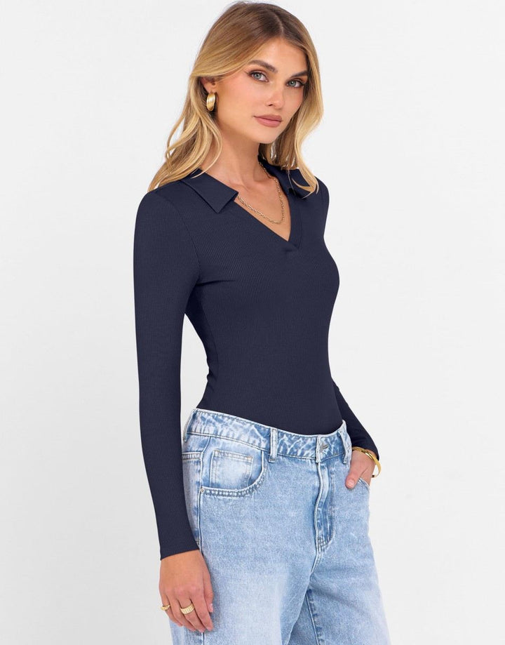 ANRABESS Women Long Sleeve Polo Shirts V Neck Slim Rib Knit Collared Dressy Business Casual Top 2025 Basic Tee Fall Outfits