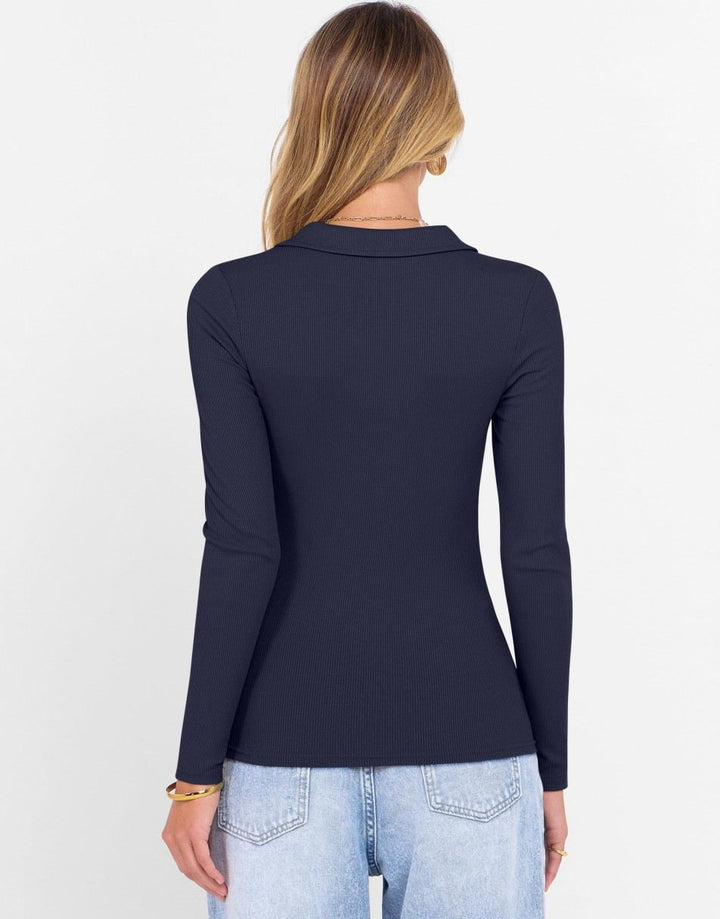 ANRABESS Women Long Sleeve Polo Shirts V Neck Slim Rib Knit Collared Dressy Business Casual Top 2025 Basic Tee Fall Outfits