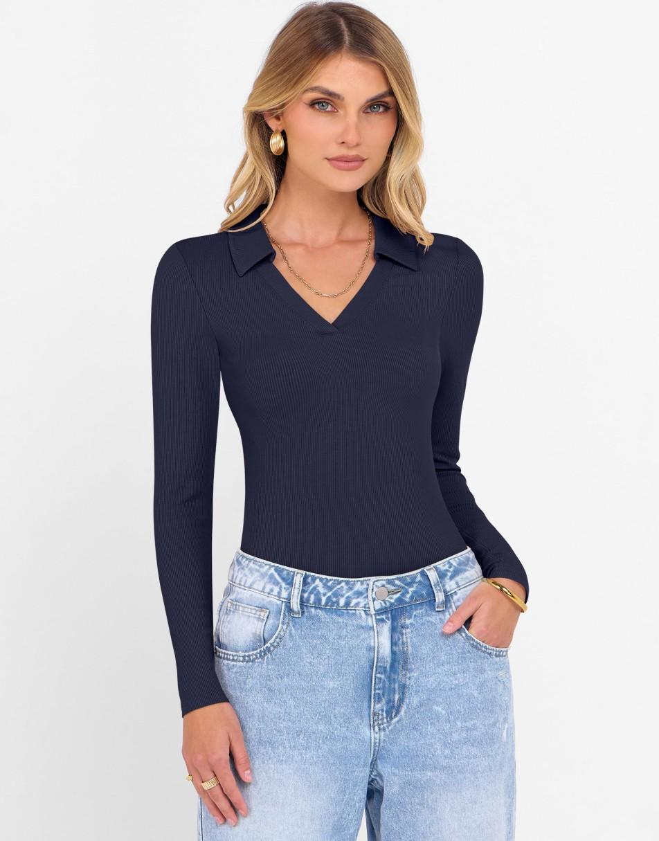 ANRABESS Women Long Sleeve Polo Shirts V Neck Slim Rib Knit Collared Dressy Business Casual Top 2025 Basic Tee Fall Outfits
