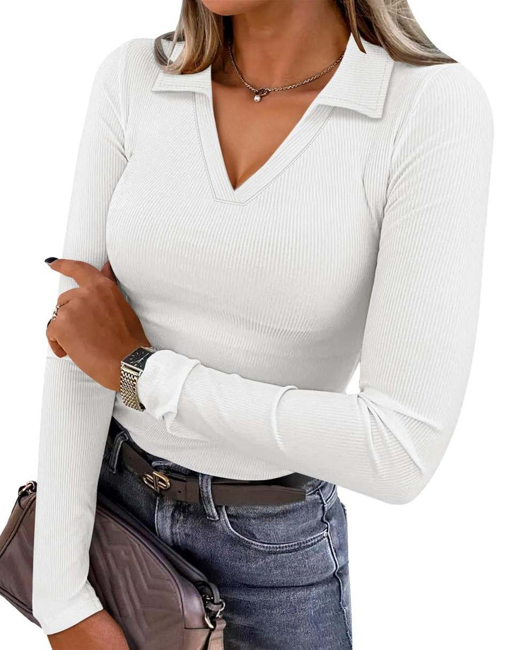 ANRABESS Women Long Sleeve Polo Shirts V Neck Slim Rib Knit Collared Dressy Business Casual Top 2025 Basic Tee Fall Outfits
