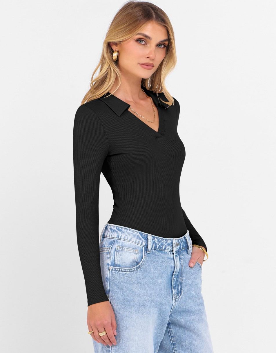 ANRABESS Women Long Sleeve Polo Shirts V Neck Slim Rib Knit Collared Dressy Business Casual Top 2025 Basic Tee Fall Outfits