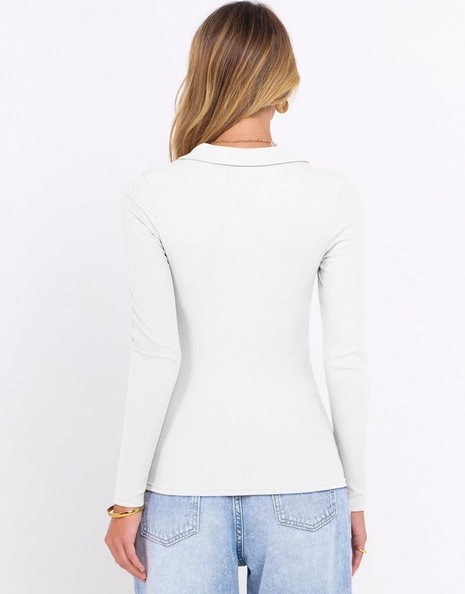 ANRABESS Women Long Sleeve Polo Shirts V Neck Slim Rib Knit Collared Dressy Business Casual Top 2025 Basic Tee Fall Outfits