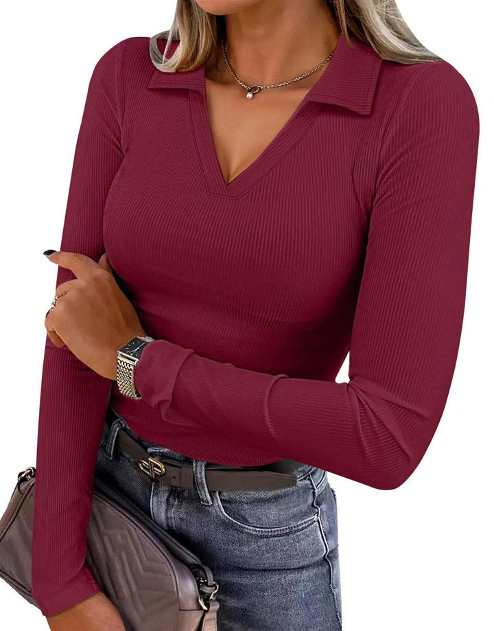ANRABESS Women Long Sleeve Polo Shirts V Neck Slim Rib Knit Collared Dressy Business Casual Top 2025 Basic Tee Fall Outfits