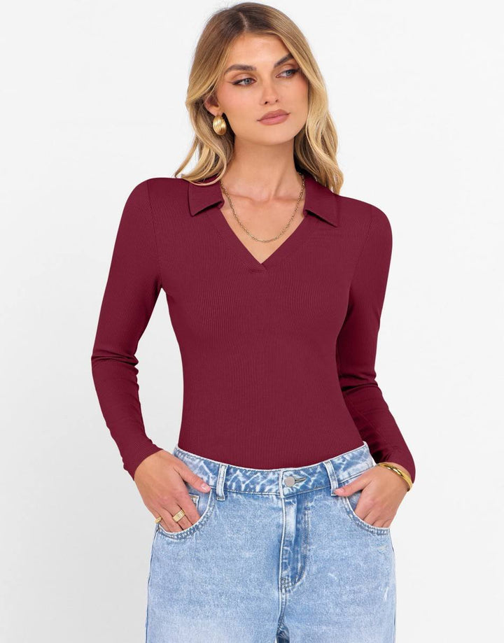 ANRABESS Women Long Sleeve Polo Shirts V Neck Slim Rib Knit Collared Dressy Business Casual Top 2025 Basic Tee Fall Outfits