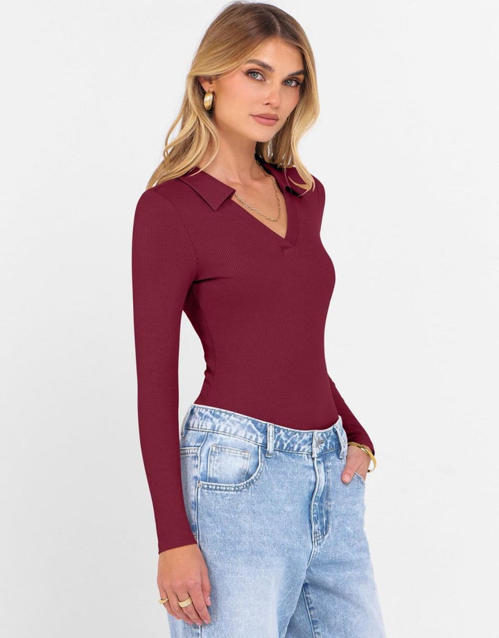 ANRABESS Women Long Sleeve Polo Shirts V Neck Slim Rib Knit Collared Dressy Business Casual Top 2025 Basic Tee Fall Outfits