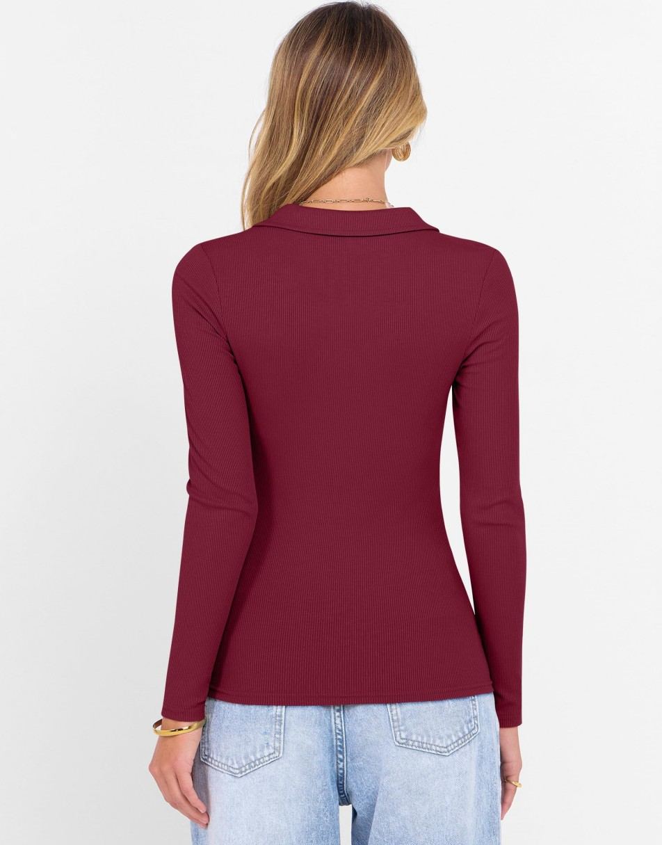 ANRABESS Women Long Sleeve Polo Shirts V Neck Slim Rib Knit Collared Dressy Business Casual Top 2025 Basic Tee Fall Outfits