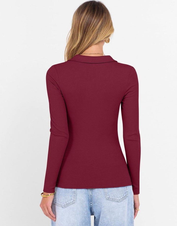 ANRABESS Women Long Sleeve Polo Shirts V Neck Slim Rib Knit Collared Dressy Business Casual Top 2025 Basic Tee Fall Outfits