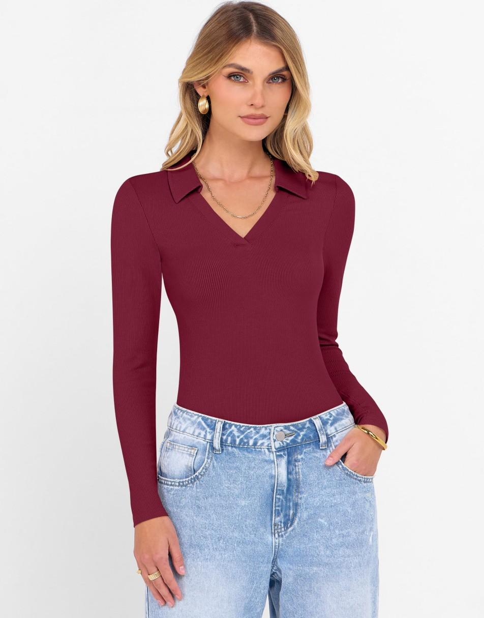 ANRABESS Women Long Sleeve Polo Shirts V Neck Slim Rib Knit Collared Dressy Business Casual Top 2025 Basic Tee Fall Outfits