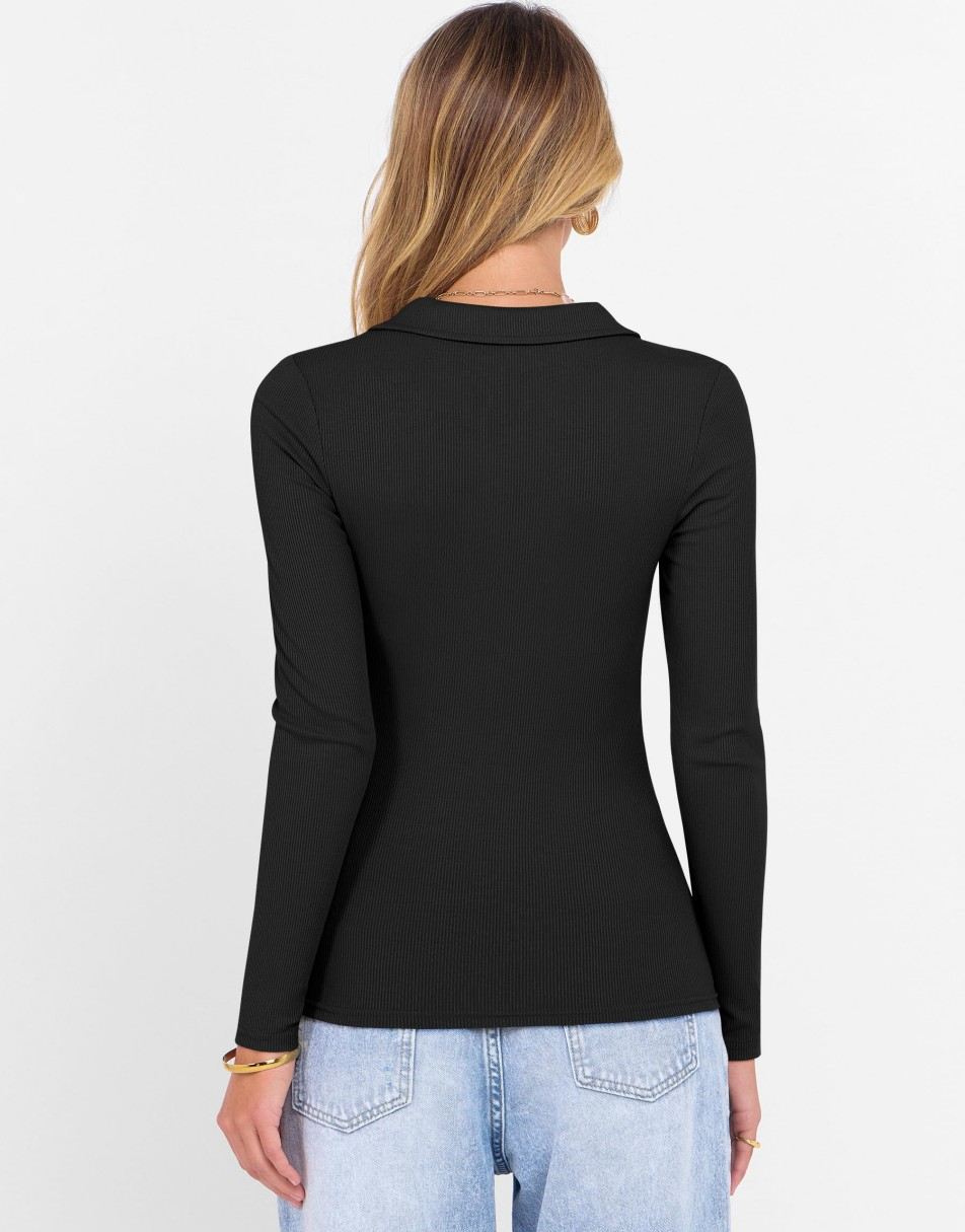ANRABESS Women Long Sleeve Polo Shirts V Neck Slim Rib Knit Collared Dressy Business Casual Top 2025 Basic Tee Fall Outfits