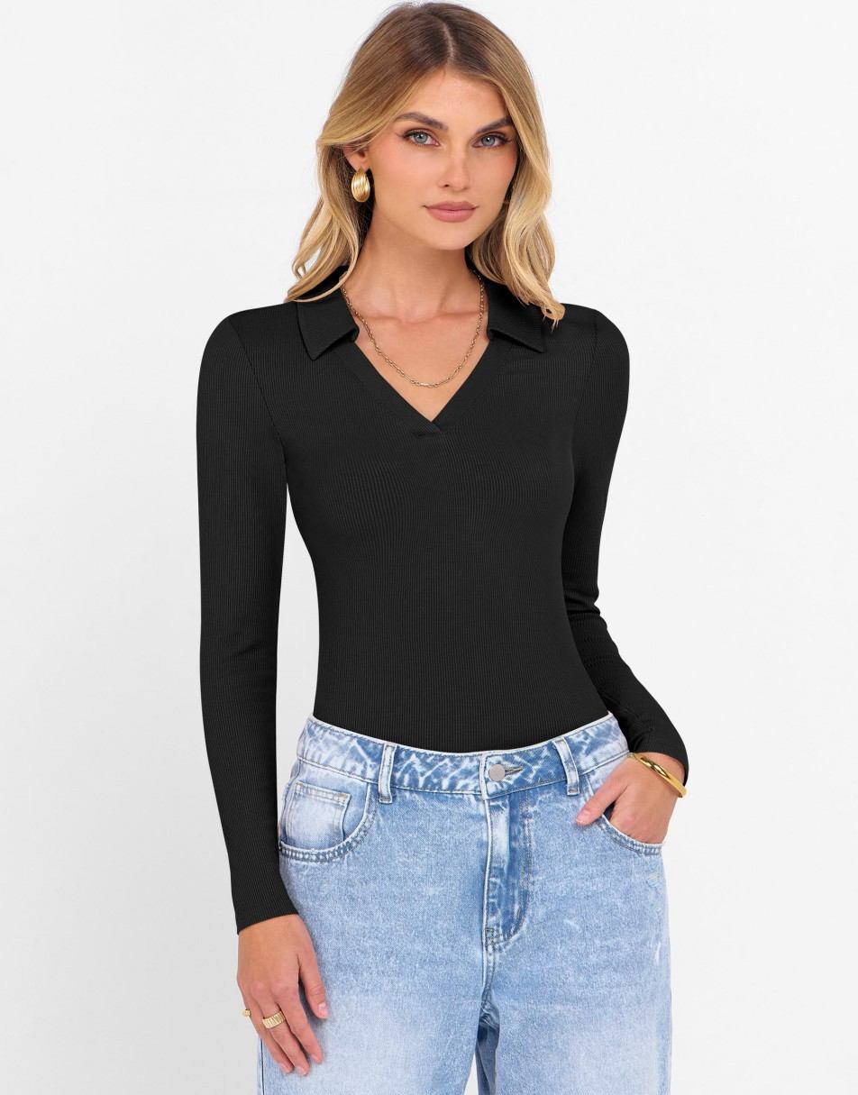 ANRABESS Women Long Sleeve Polo Shirts V Neck Slim Rib Knit Collared Dressy Business Casual Top 2025 Basic Tee Fall Outfits