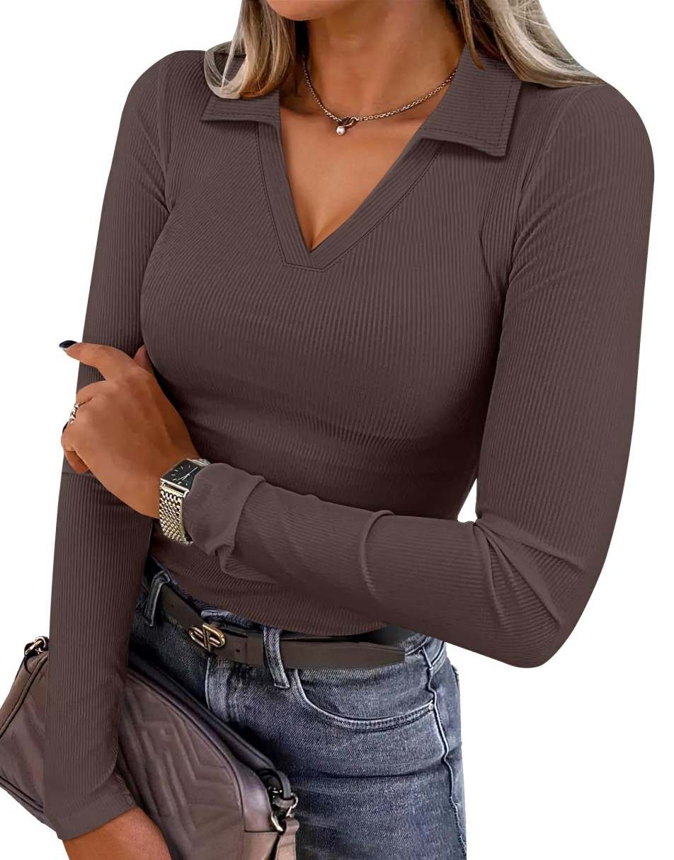 ANRABESS Women Long Sleeve Polo Shirts V Neck Slim Rib Knit Collared Dressy Business Casual Top 2025 Basic Tee Fall Outfits