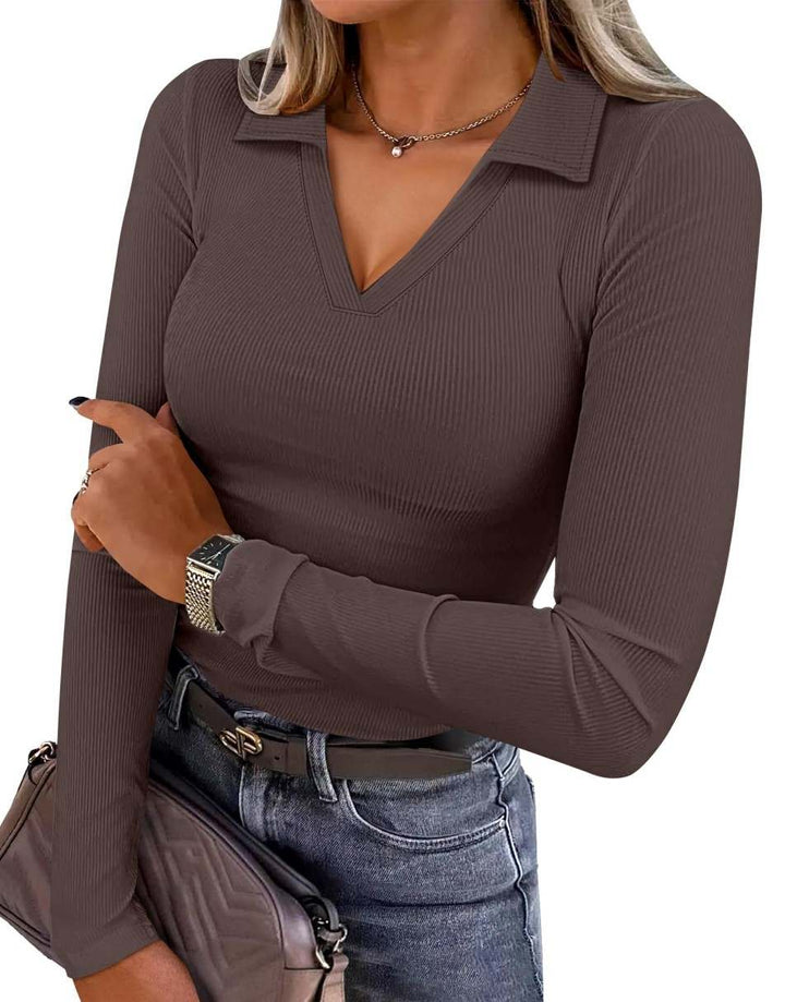 ANRABESS Women Long Sleeve Polo Shirts V Neck Slim Rib Knit Collared Dressy Business Casual Top 2025 Basic Tee Fall Outfits