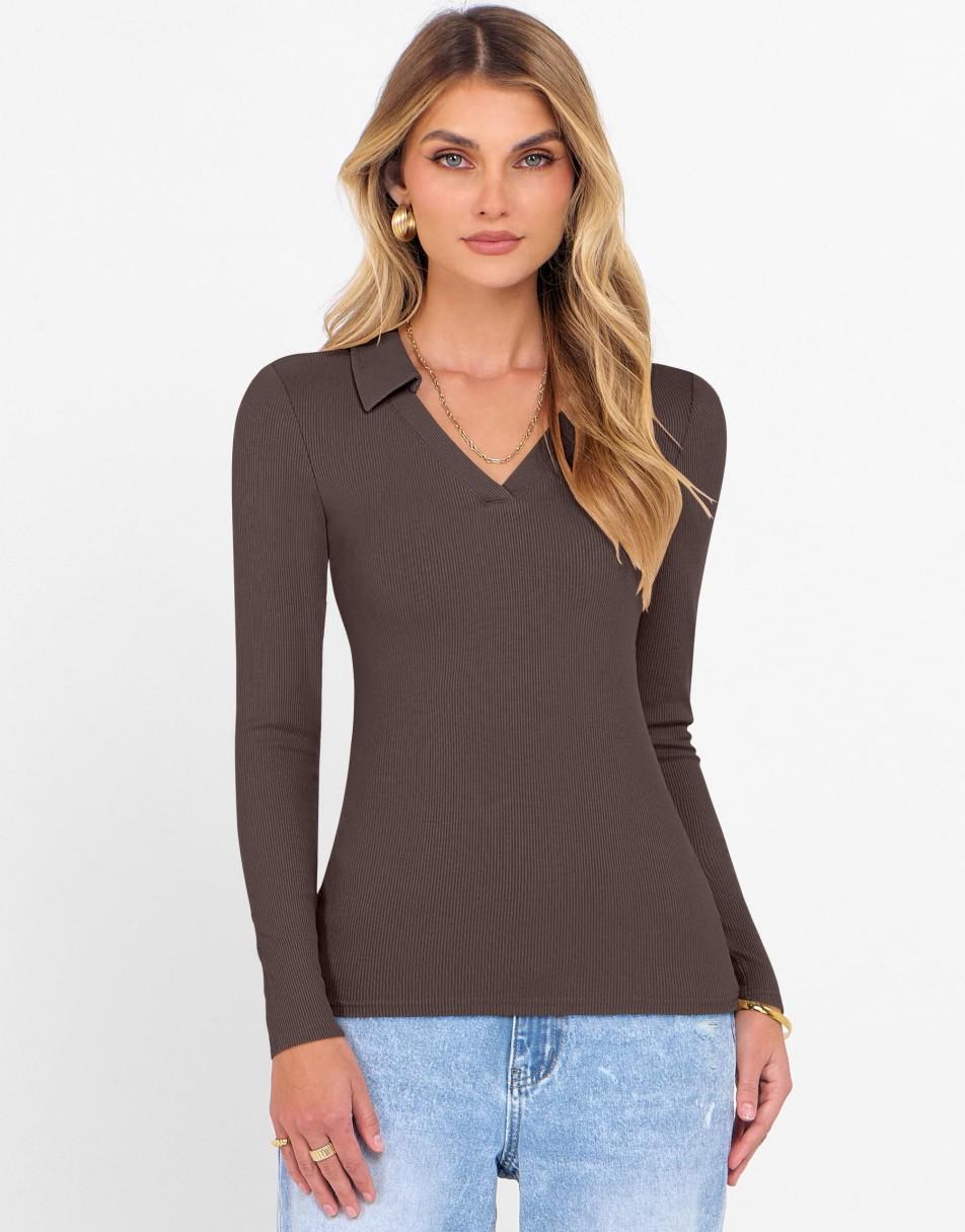 ANRABESS Women Long Sleeve Polo Shirts V Neck Slim Rib Knit Collared Dressy Business Casual Top 2025 Basic Tee Fall Outfits