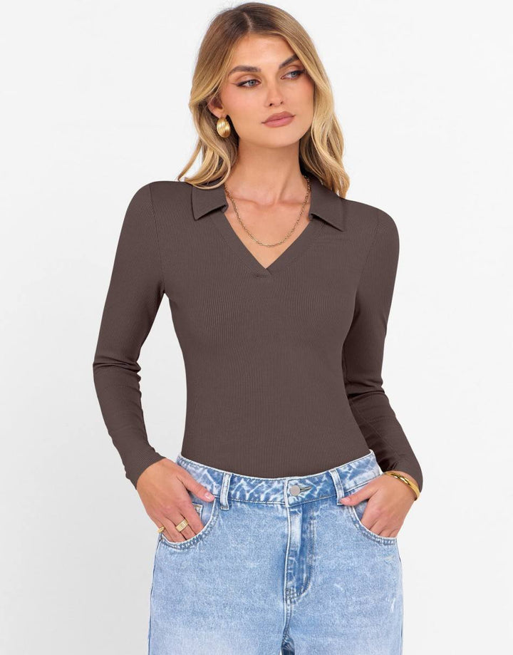 ANRABESS Women Long Sleeve Polo Shirts V Neck Slim Rib Knit Collared Dressy Business Casual Top 2025 Basic Tee Fall Outfits