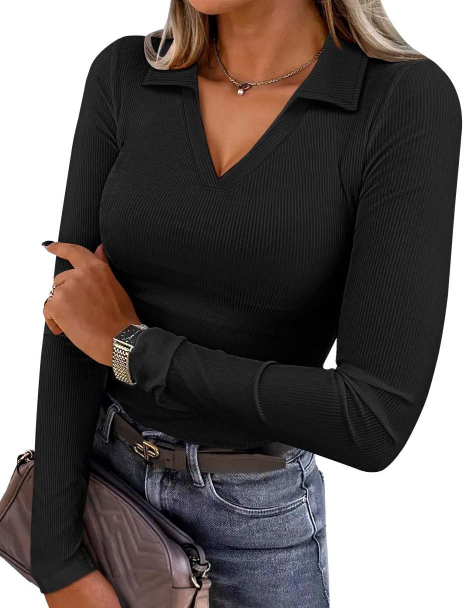 ANRABESS Women Long Sleeve Polo Shirts V Neck Slim Rib Knit Collared Dressy Business Casual Top 2025 Basic Tee Fall Outfits