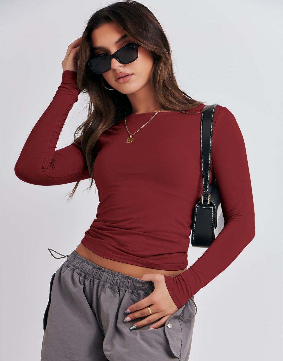 ANRABESS Women Long Sleeve Slim Fit Crop Top Going Out Tight T-Shirt Trendy Tees Streetwear