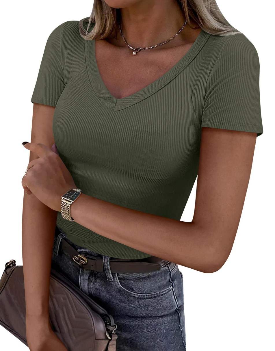 ANRABESS Women Short Sleeve V Neck Ribbed Knit Fitted Shirts Basic Tees Tops 2025 Summer Casual T-Shirts Going Out Outfits