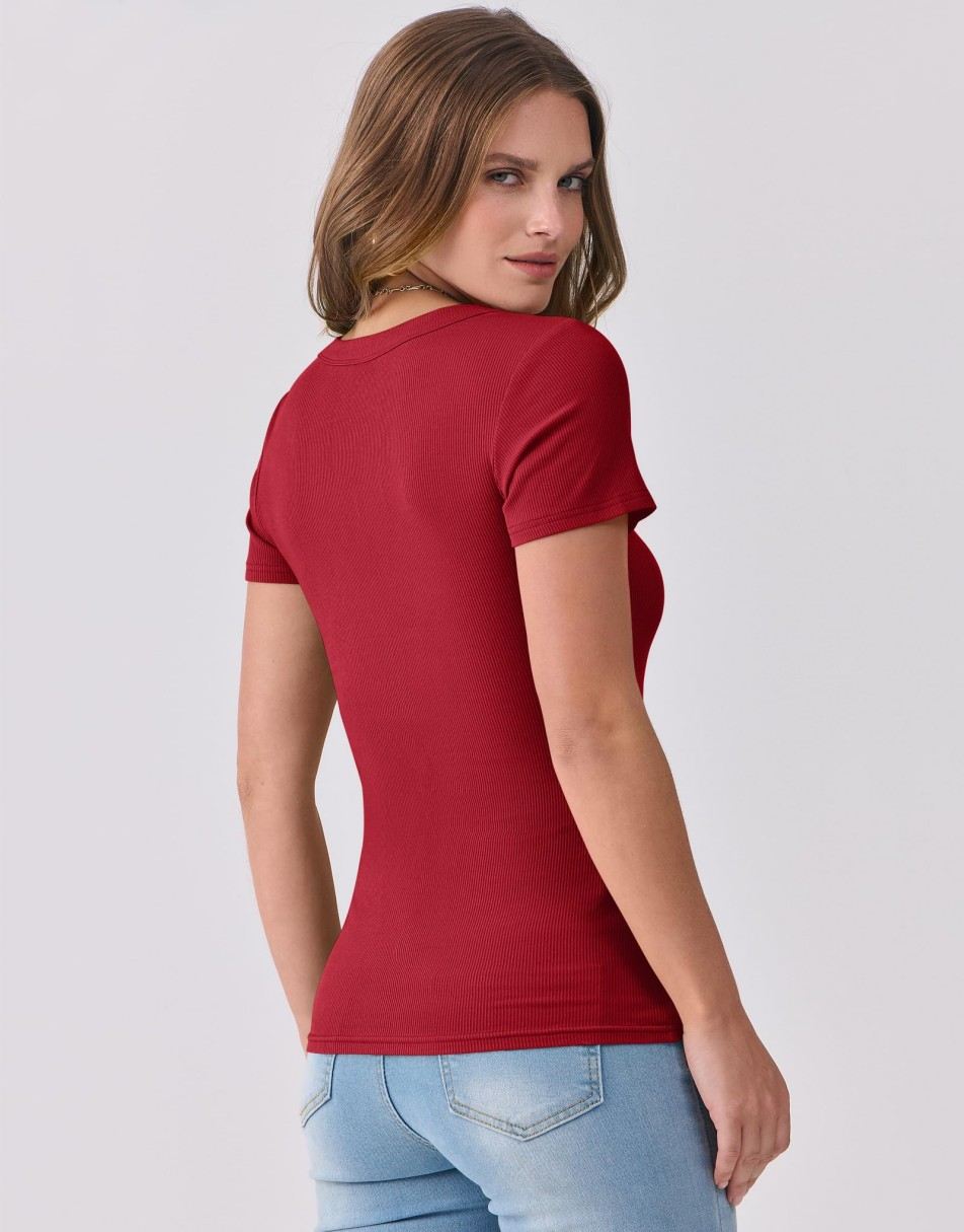 ANRABESS Women Short Sleeve V Neck Ribbed Knit Fitted Shirts Basic Tees Tops 2025 Summer Casual T-Shirts Going Out Outfits
